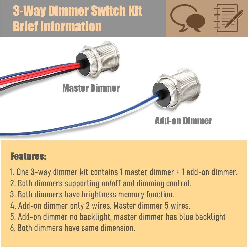 12V Three Way Dimmer Switch Kit, 12V Light Dimmer For RV Van Boat Interior Lighting, Hole 19mm Stainless for Dimmable LED Light
