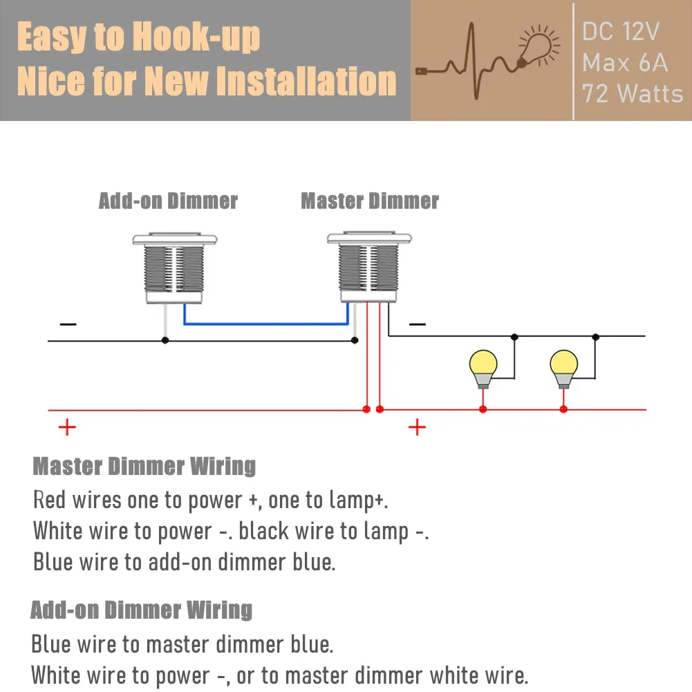 12V Three Way Dimmer Switch Kit, 12V Light Dimmer For RV Van Boat Interior Lighting, Hole 19mm Stainless for Dimmable LED Light