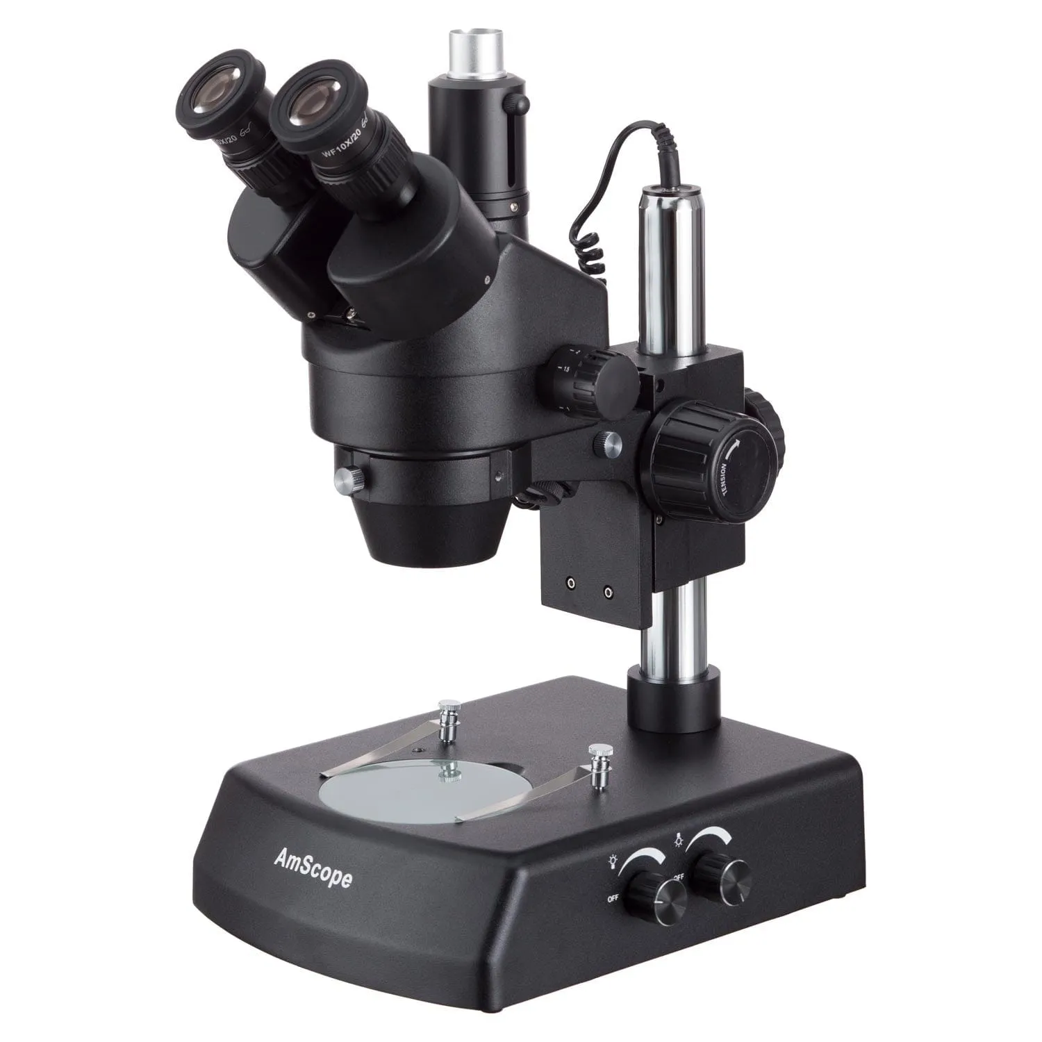 AmScope SM-2 Series Zoom Black Trinocular Stereo Microscope 7X-45X Magnification on Pillar Stand with Dual Halogen Lights