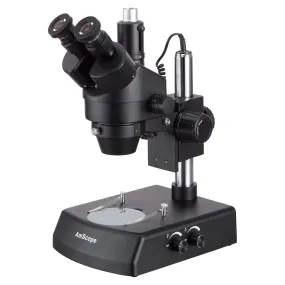 AmScope SM-2 Series Zoom Black Trinocular Stereo Microscope 7X-45X Magnification on Pillar Stand with Dual Halogen Lights