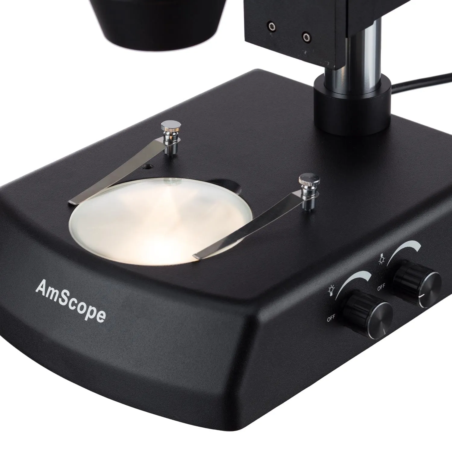 AmScope SM-2 Series Zoom Black Trinocular Stereo Microscope 7X-45X Magnification on Pillar Stand with Dual Halogen Lights