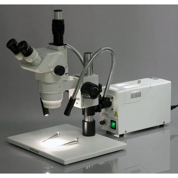 AmScope ZM-1 Series Zoom Trinocular Stereo Microscope 2X-180X Magnification on Pillar Stand with Dual Fiber Gooseneck Lights
