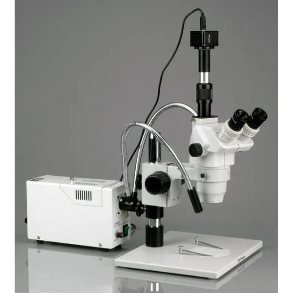AmScope ZM-1 Series Zoom Trinocular Stereo Microscope 2X-180X Magnification on Pillar Stand with Dual Fiber Gooseneck Lights