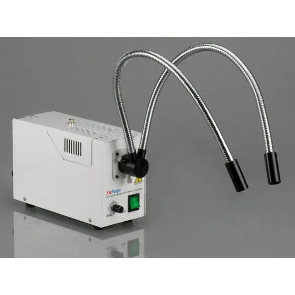 AmScope ZM-1 Series Zoom Trinocular Stereo Microscope 2X-180X Magnification on Pillar Stand with Dual Fiber Gooseneck Lights