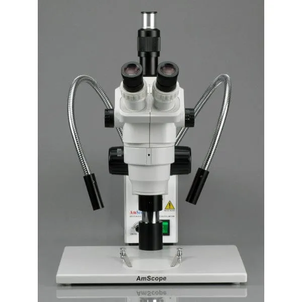 AmScope ZM-1 Series Zoom Trinocular Stereo Microscope 2X-180X Magnification on Pillar Stand with Dual Fiber Gooseneck Lights