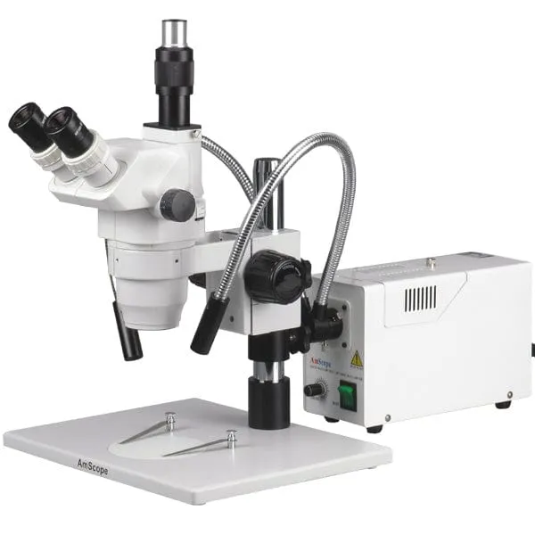 AmScope ZM-1 Series Zoom Trinocular Stereo Microscope 2X-180X Magnification on Pillar Stand with Dual Fiber Gooseneck Lights