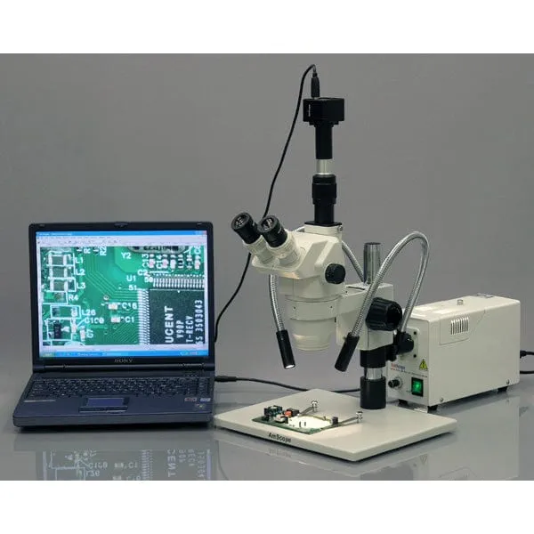 AmScope ZM-1 Series Zoom Trinocular Stereo Microscope 2X-180X Magnification on Pillar Stand with Dual Fiber Gooseneck Lights
