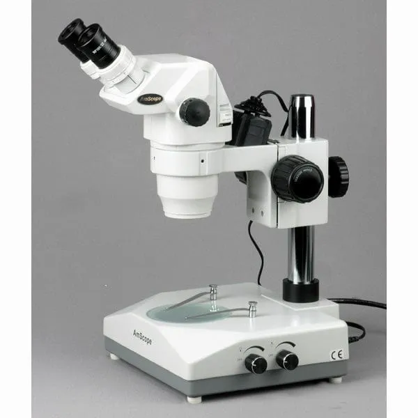 AmScope ZM-2 Series Ultimate Zoom Binocular Stereo Microscope 3.5X-90X Magnification on Pillar Stand with Two Lights