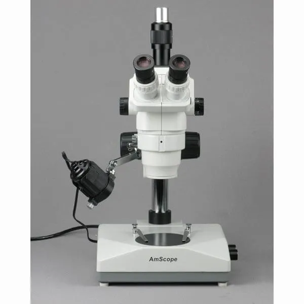 AmScope ZM-2 Series Ultimate Zoom Trinocular Microscope 3.35X-90X Magnification on Pillar Stand with Two Lights