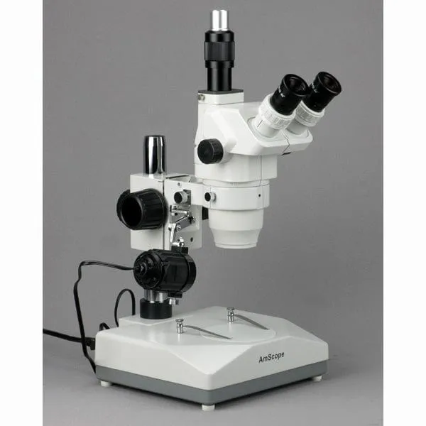 AmScope ZM-2 Series Ultimate Zoom Trinocular Microscope 6.7X-45X Magnification on Pillar Stand with Two Lights