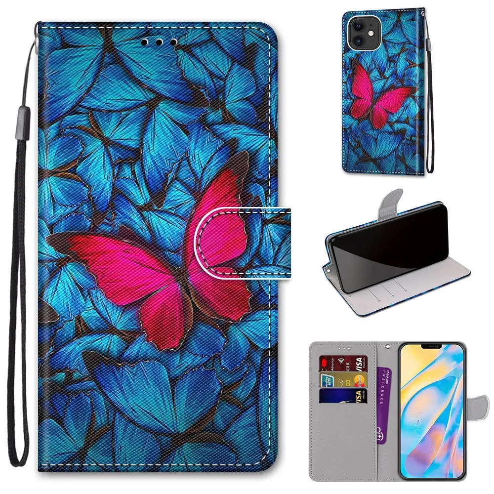 Anymob iPhone Case Pink Butterfly Lovely Cartoon Cat Phone Bag Flip Wallet Leather Protection Cover