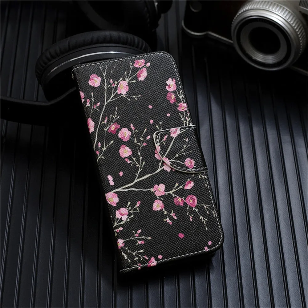 Anymob Samsung Case Black With Pink Flower Design Flip Leather Wallet Phone Cover Protection
