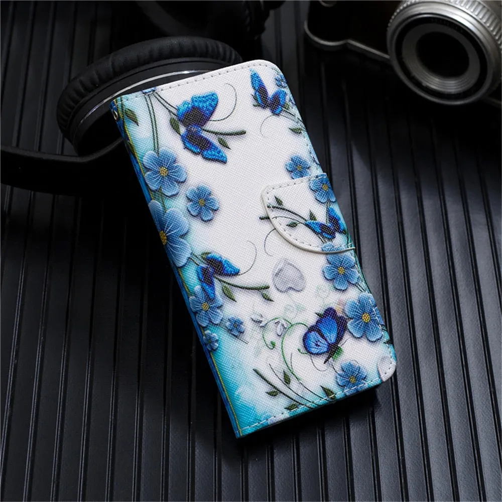 Anymob Samsung Case Blue Flower with Butterfly Design Flip Leather Wallet Phone Cover Protection