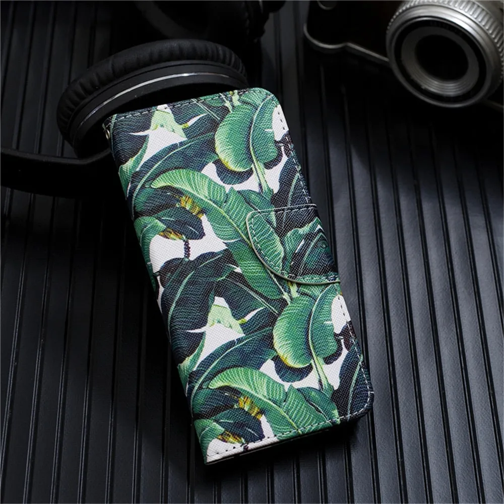 Anymob Samsung Case Green Banana Leaf Cartoon Flip Leather Wallet Phone Cover Protection