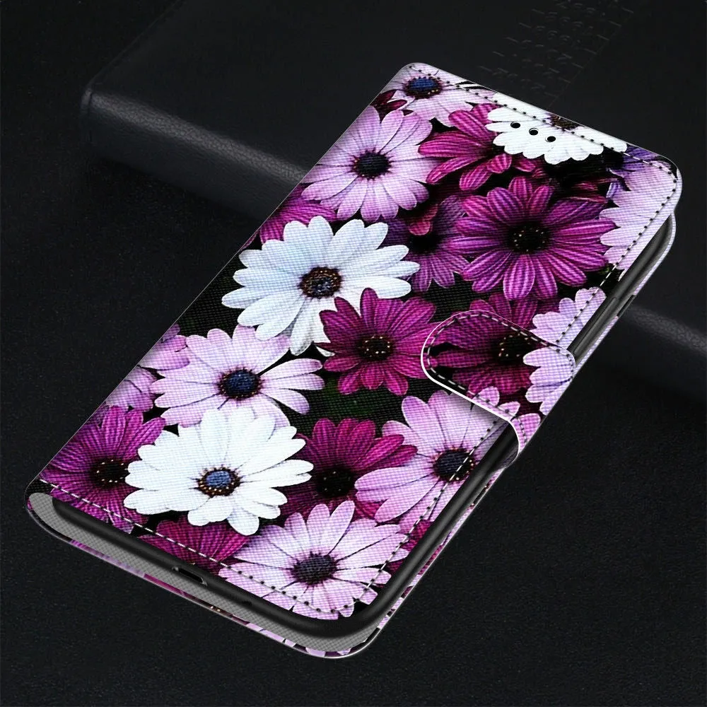 Anymob Samsung Case Purple Flowers Magnetic Flip Leather Card Slot Wallet Phone Cover Protection