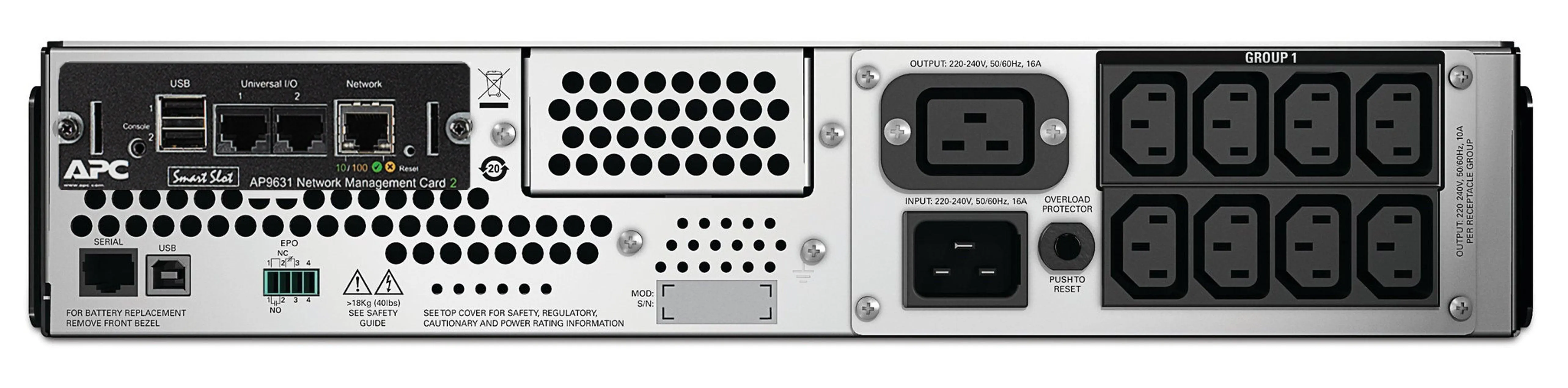 APC 230 V | 1.98 KW | 2.2 kVA | 50|60 Hz | RJ-45 | SmartSlot | USB | 480 x 683 x 86 mm | 42.22 kg (SMT2200RMI2UNC)