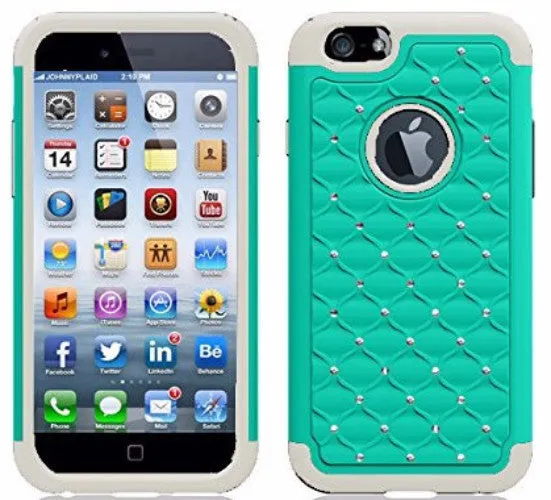 Apple iPhone 6s Plus Case / 6 Plus Case Crystal Rhinestone Slim Hybrid Dual Layer Case - Teal/White