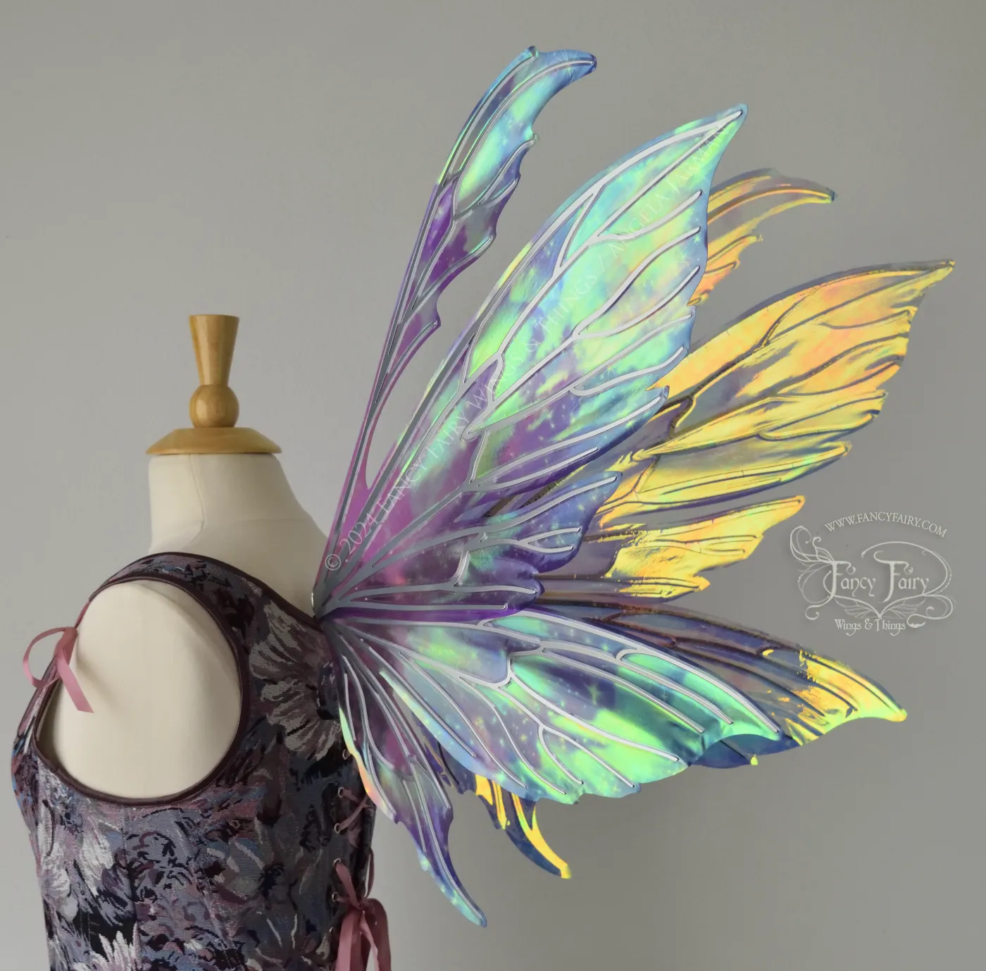 Aynia "Twilight Aurora" Painted Convertible Iridescent Fairy Wings with Silver Veins, Ready to Ship