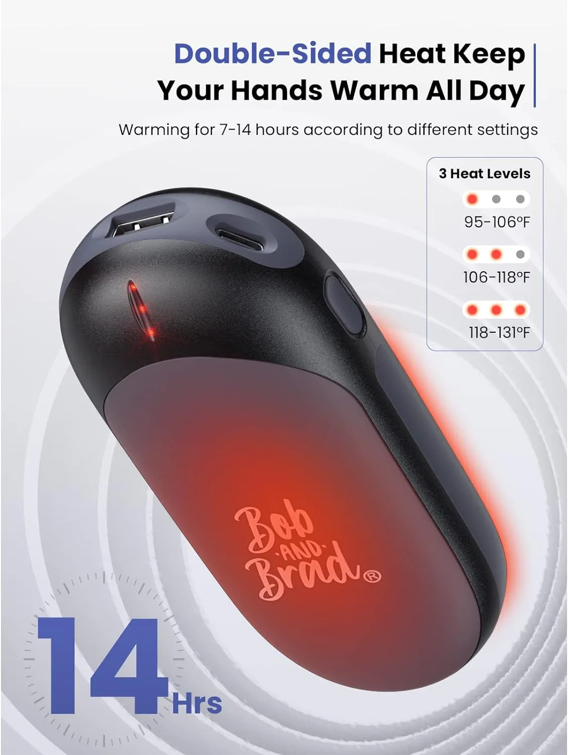 Bob and Brad® Hand Warmer Rechargeable, 10000mAh Portable Pocket Heater, Electric Handwarmer with 3 Levels, 14 Hrs Lasting Heat, Great for Camping, Golf, Hunting, Outdoor, Winter Gifts