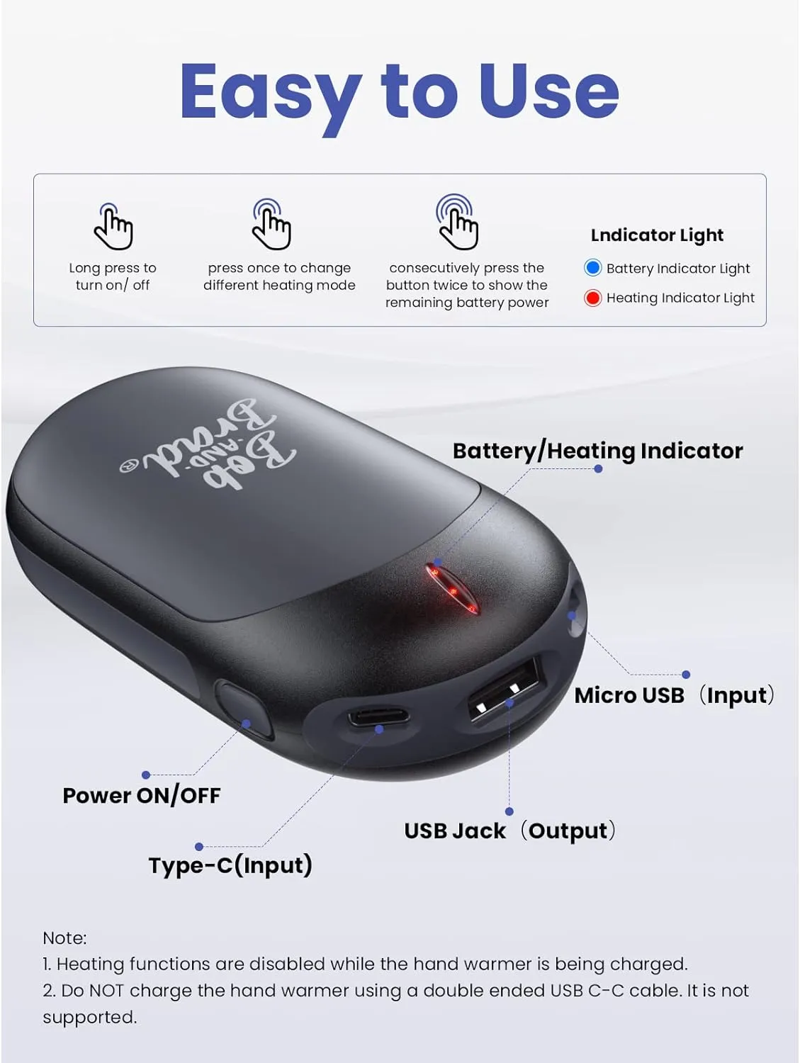 Bob and Brad® Hand Warmer Rechargeable, 10000mAh Portable Pocket Heater, Electric Handwarmer with 3 Levels, 14 Hrs Lasting Heat, Great for Camping, Golf, Hunting, Outdoor, Winter Gifts