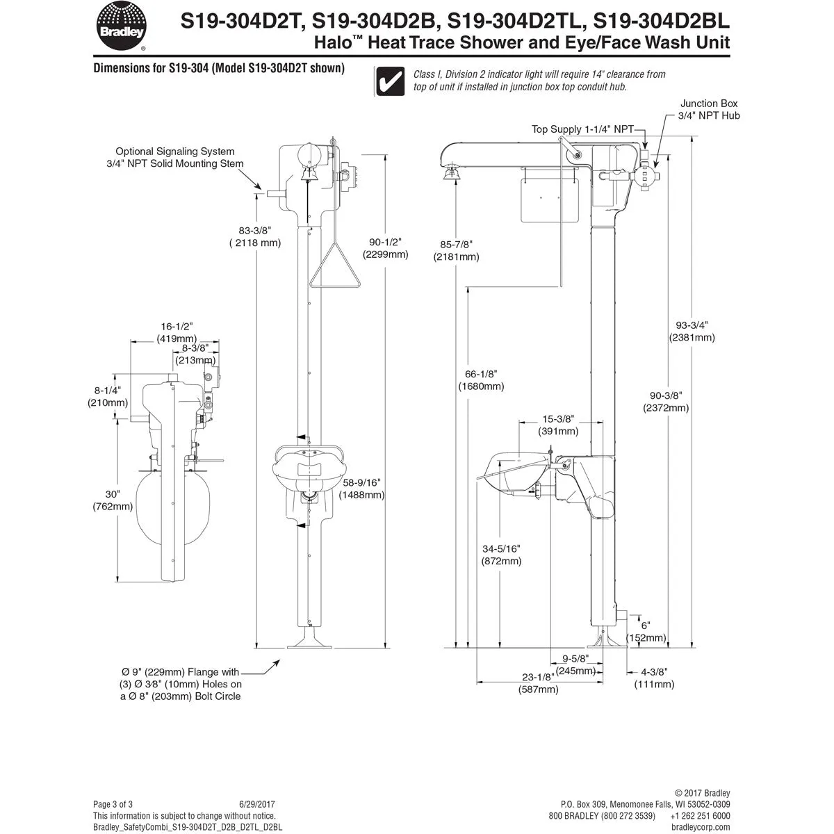 Bradley S19-304D2BL Class I, Division 2 Halo Heat Trace Combination Unit, Bottom Supply with Indicator Lights