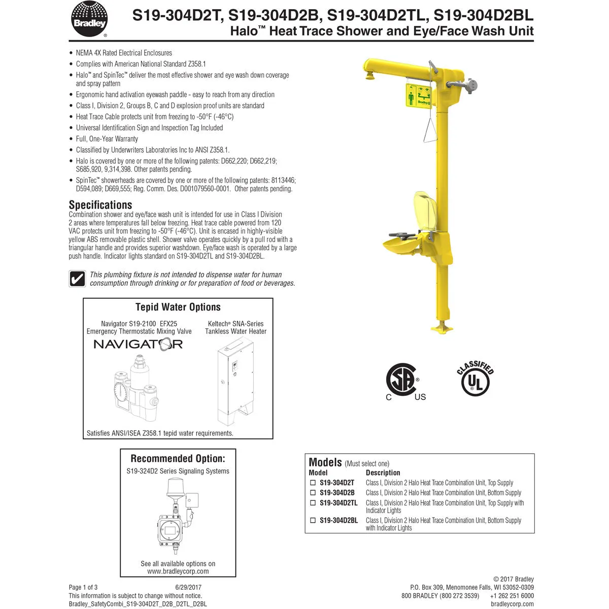 Bradley S19-304D2BL Class I, Division 2 Halo Heat Trace Combination Unit, Bottom Supply with Indicator Lights