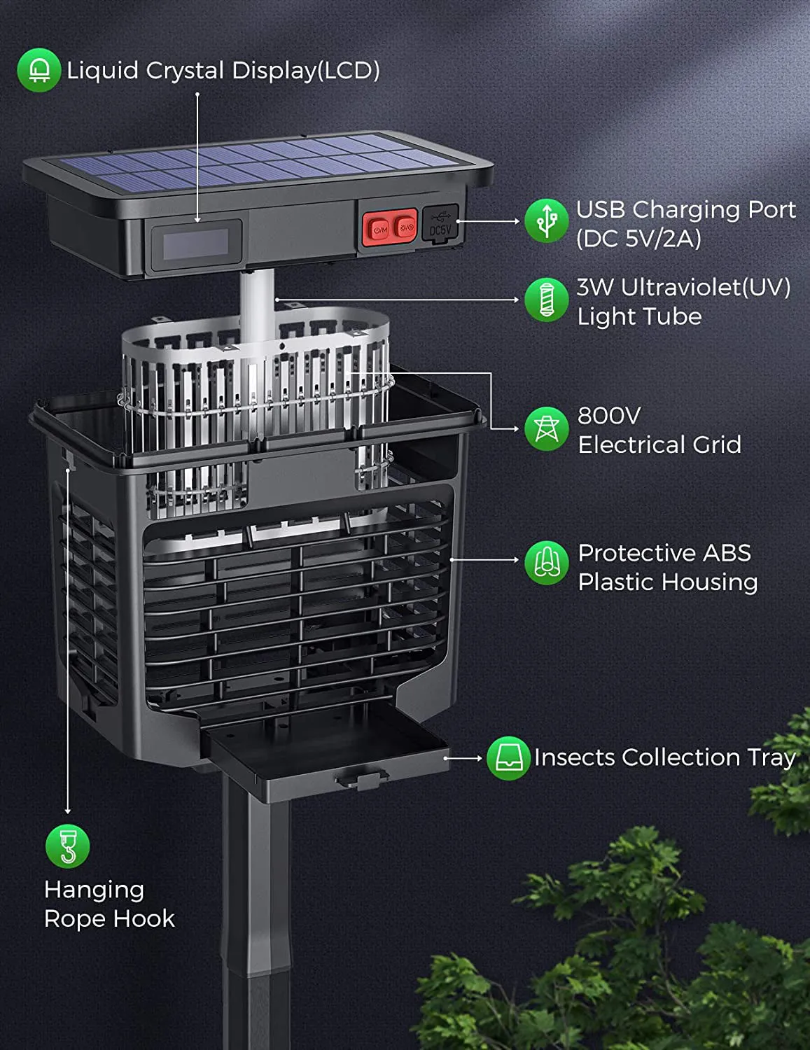 CD298 Bug Zapper Outdoor, Solar-Powered & USB Charge