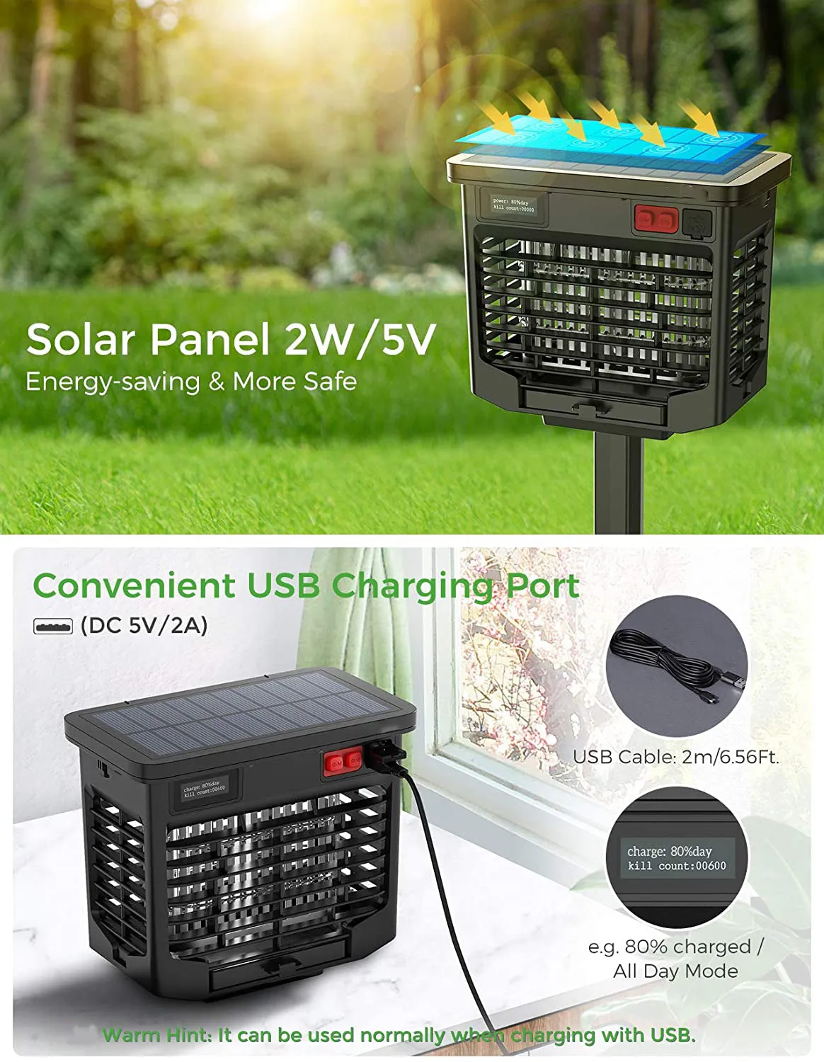 CD298 Bug Zapper Outdoor, Solar-Powered & USB Charge