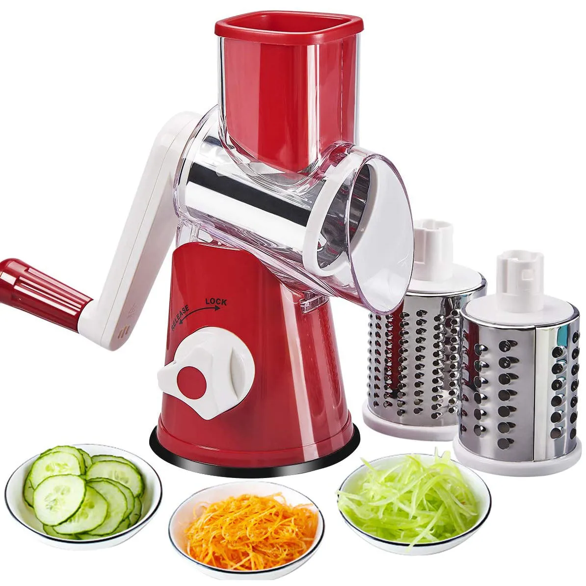 FAVIA Rotary Cheese Grater with Handle - Food Shredder with 3 Stainless Steel Drum Blades