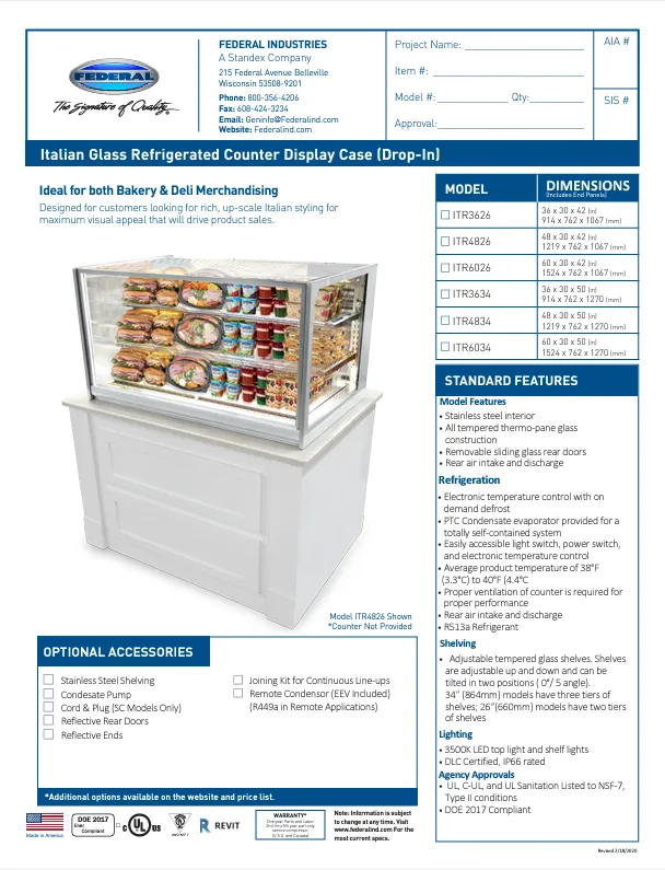 Federal Industries (ITR3626)-Refrigerated Drop In- 36" Counter Case w/Straight Glass 120V