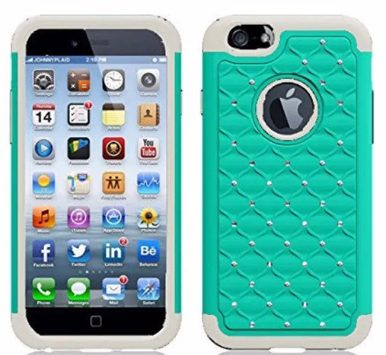 For Apple iPhone 6s / 6 Case,  Crystal Rhinestone Slim Hybrid Dual Layer Case for Iphone 6S/6 - Teal/White