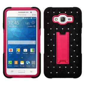 Galaxy Go Prime Case, Samsung Grand Prime Case, Heavy Duty Armor Diamond Rhinestone Hybrid Case with Kickstand - Black/Hot Pink