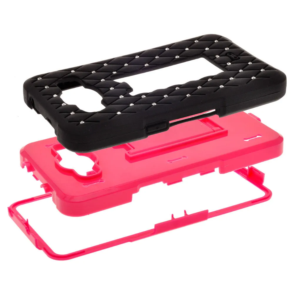 Galaxy Go Prime Case, Samsung Grand Prime Case, Heavy Duty Armor Diamond Rhinestone Hybrid Case with Kickstand - Black/Hot Pink