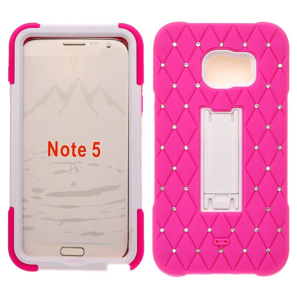 Galaxy Note 5 Case, Heavy Duty Armor Diamond Rhinestone Hybrid Case with Kickstand for Samsung Galaxy Note 5 - Hot Pink/White