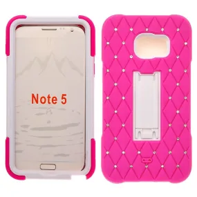 Galaxy Note 5 Case, Heavy Duty Armor Diamond Rhinestone Hybrid Case with Kickstand for Samsung Galaxy Note 5 - Hot Pink/White