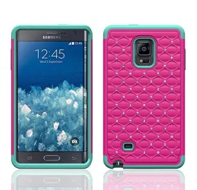 Galaxy Note Edge Case, Crystal Rhinestone Studded Hybrid Dual Layer Shock Absorbent Case for Samsung Galaxy Note Edge - Hot Pink/Teal