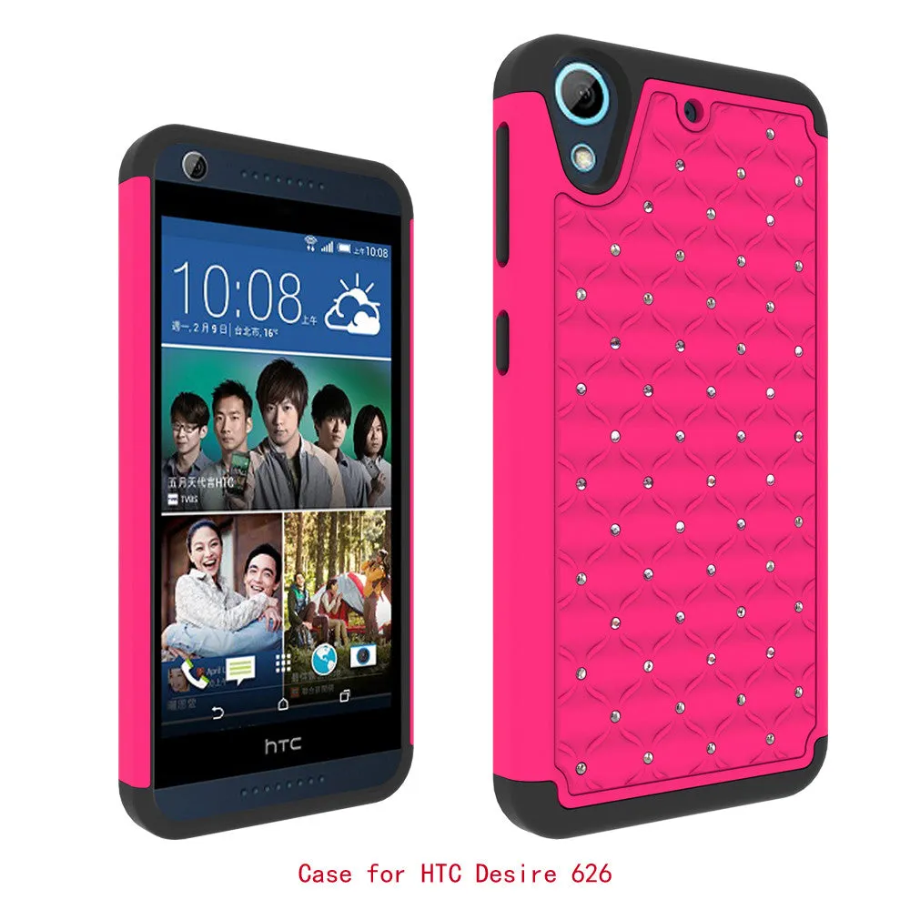 HTC Desire 626 Case, Crystal Rhinestone Slim Hybrid Dual Layer Case Cover for Desire 626 - Hot Pink/Black