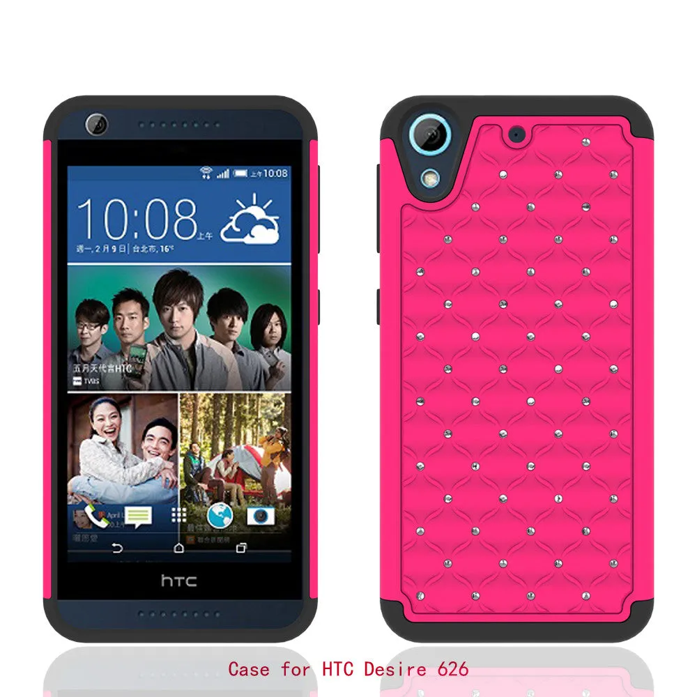 HTC Desire 626 Case, Crystal Rhinestone Slim Hybrid Dual Layer Case Cover for Desire 626 - Hot Pink/Black