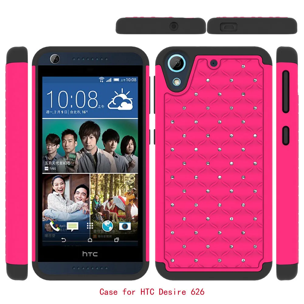 HTC Desire 626 Case, Crystal Rhinestone Slim Hybrid Dual Layer Case Cover for Desire 626 - Hot Pink/Black