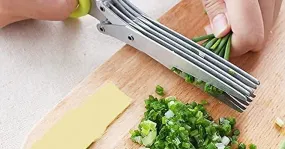 K Kudos Multi-Functional Stainless Steel Kitchen Knives 5 Layers Scissors Cut Herb Spices Cooking Tools Vegetable Cutter with Cleaning Brush