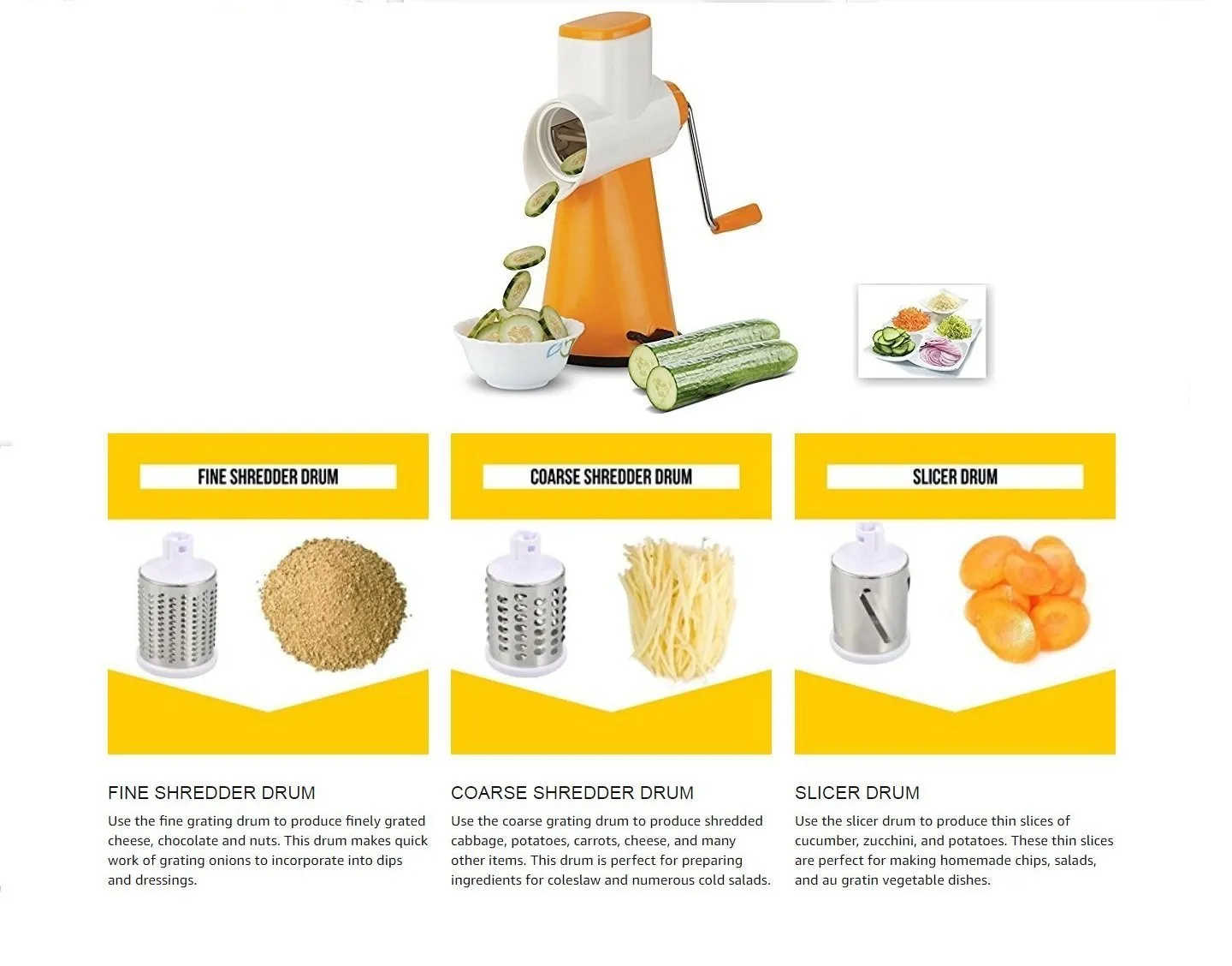 Kuber Industries Plastic Rotary Grater Shredder Slicer with 4 Stainless Steel Blades, Orange
