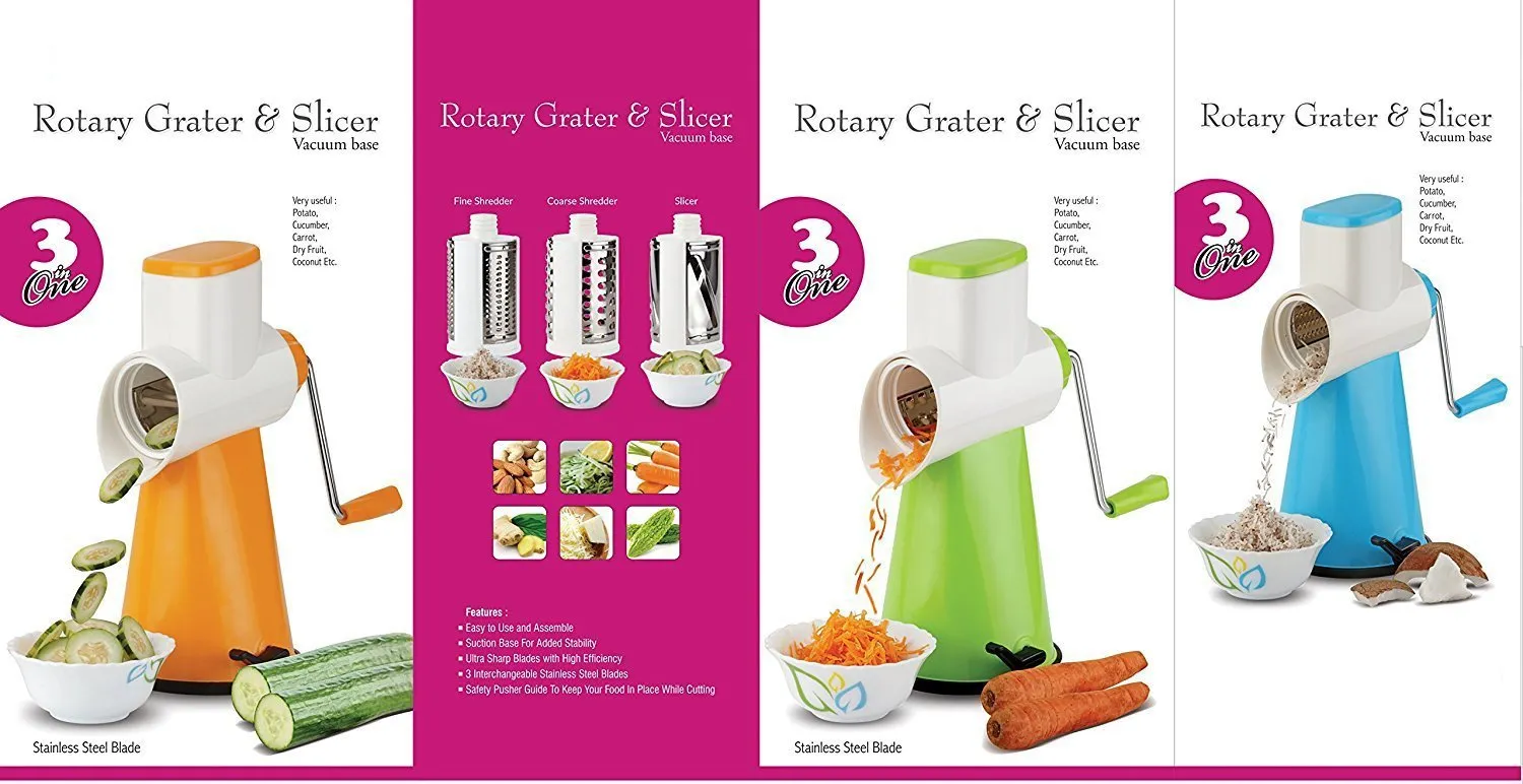 Kuber Industries Plastic Rotary Grater Shredder Slicer with 4 Stainless Steel Blades, Orange