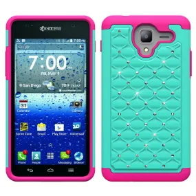 Kyocera Hydro View Case, Slim Hybrid Dual Layer Rhinestone Armor[Impact/Shock Resistant] Case for Kyocera Hydro View - Teal/Hot Pink