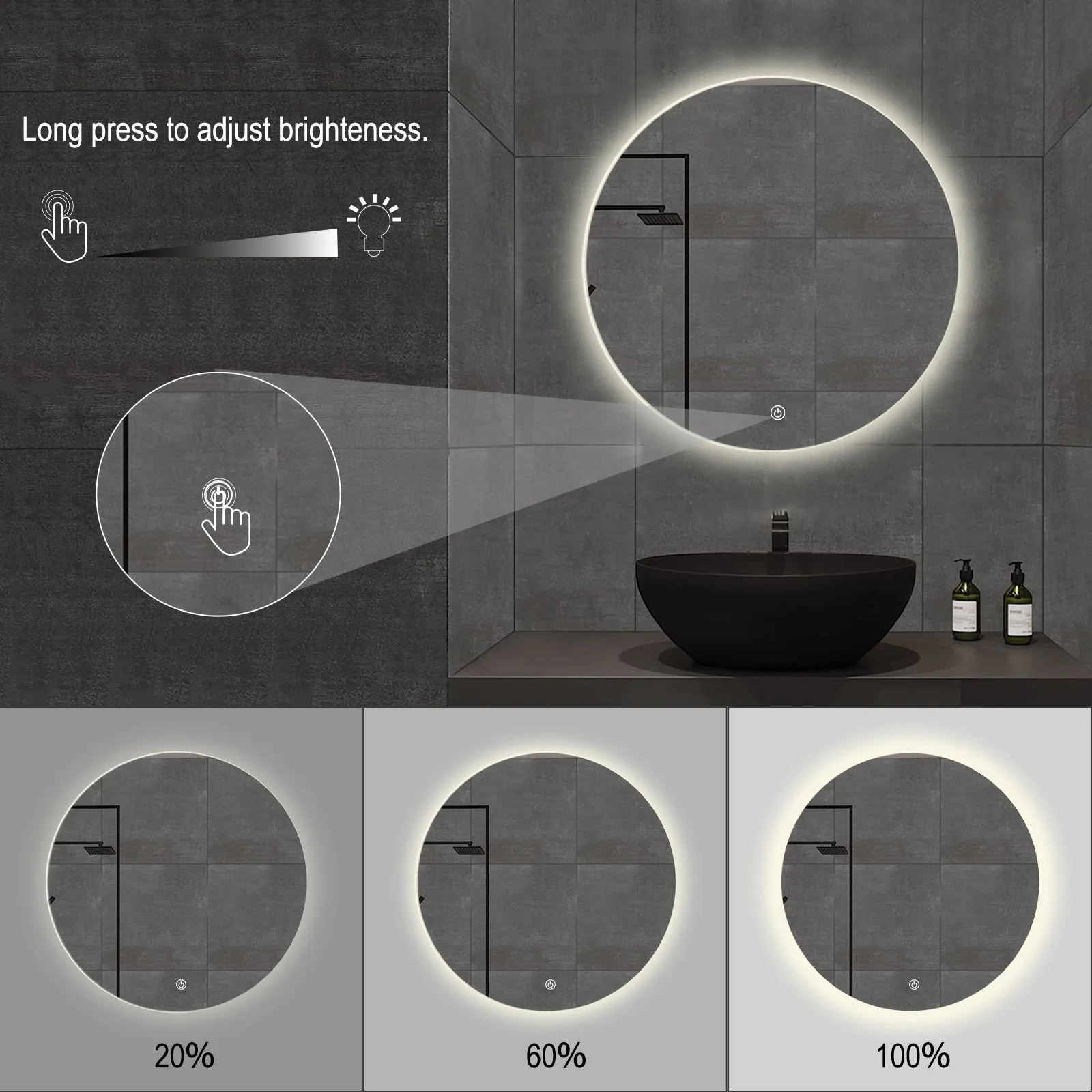 LED Backlit Round Mirror Bathroom Vanity Light 4000K Wall Mounted Dimmable Anti-Fog Touch Switch CRI 90 