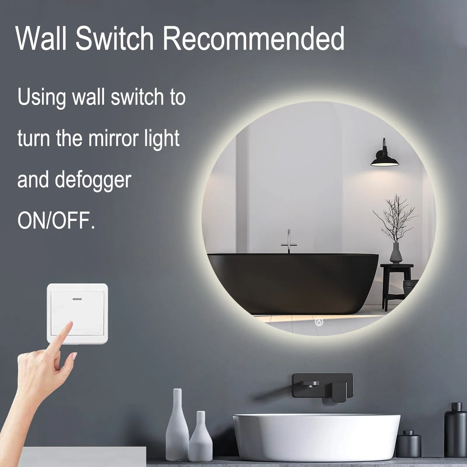 LED Backlit Round Mirror Bathroom Vanity Light 4000K Wall Mounted Dimmable Anti-Fog Touch Switch CRI 90 