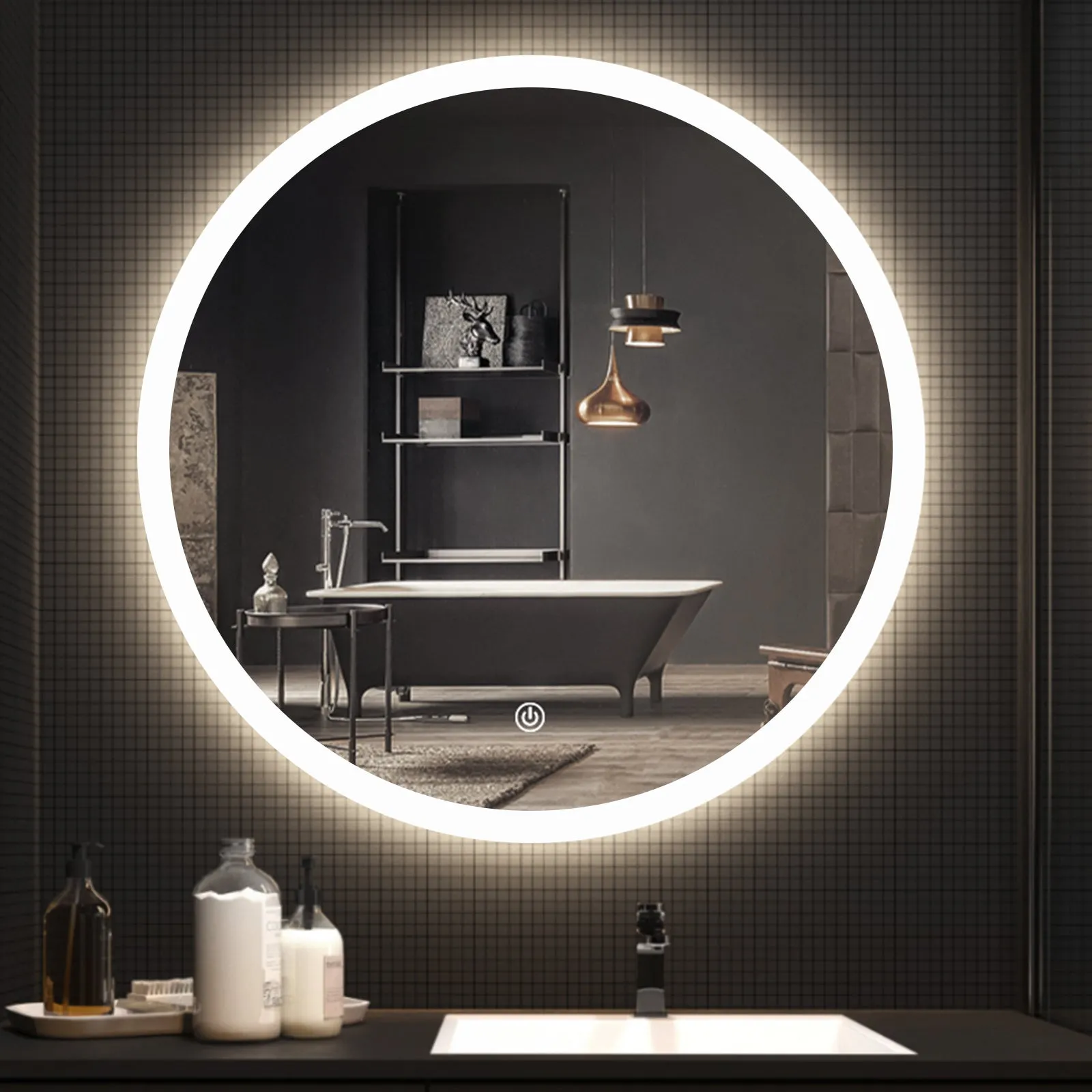 LED Backlit Round Mirror Bathroom Vanity Light 4000K Wall Mounted Dimmable Anti-Fog Touch Switch CRI 90 