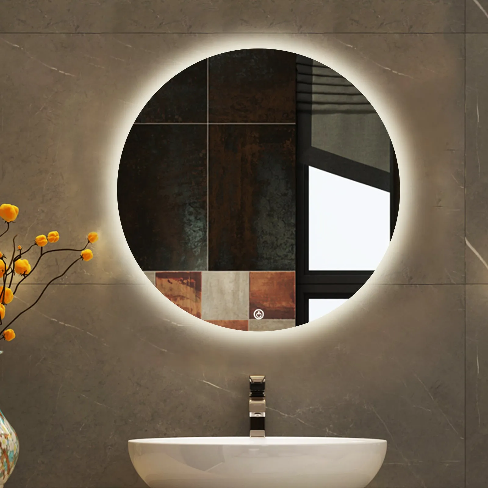 LED Backlit Round Mirror Bathroom Vanity Light 4000K Wall Mounted Dimmable Anti-Fog Touch Switch CRI 90 