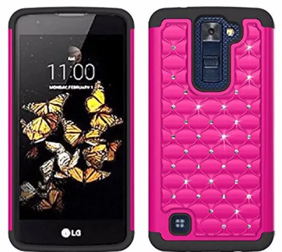 LG K7 | Tribute 5 | Treasure Case, Diamond Rhinestone Slim Hybrid Case - Hot Pink/Black