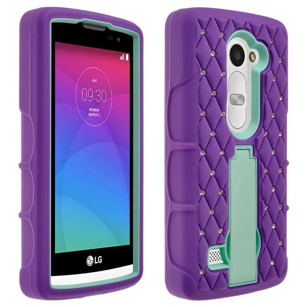 LG Leon LTE Case | Lg Tribute 2 Case | LG Power | LG Sunset | LG Destiny | LG Risio Case, Heavy Duty Armor Diamond Rhinestone Hybrid Case with Kickstand - Purple/Teal