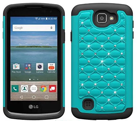 LG Optimus Zone 3 Cases | LG K4 Cases | LG Spree Cases | LG Rebel Cases, Crystal Rhinestone Slim Hybrid Dual Layer Case Cover - Teal/Black